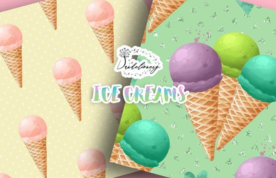 Watercolor Ice Creams Digital Paper Pack (JPG)