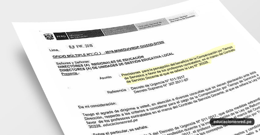 OFICIO MÚLTIPLE N° 001-2018-MINEDU/VMGP-DIGEDD-DITEN - Precisiones del beneficio de CTS para Docentes Contratados - www.minedu.gob.pe OFICIO MÚLTIPLE N° 001-2018-MINEDU/VMGP-DIGEDD-DITEN - Precisiones del beneficio de CTS para Docentes Contratados - www.minedu.gob.pe
