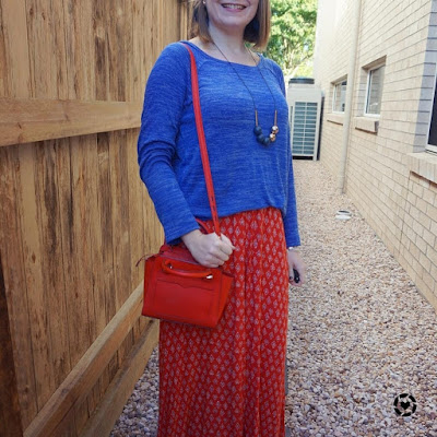 awayfromtheblue Instagram | cobalt knit to winterise a red boho print maxi skirt 