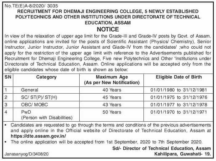 Age limit for DTE Assam Grade III Jobs