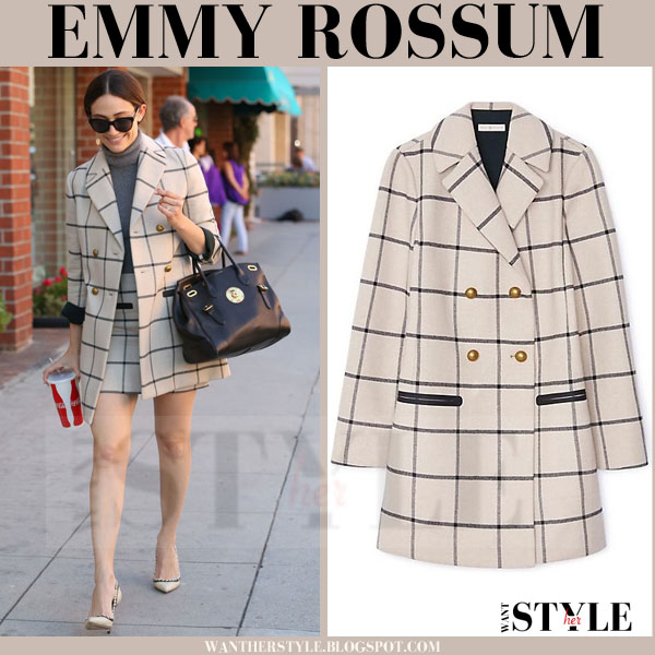 Emmy Rossum in beige grid print short coat in Beverly Hills on October 29 ~  I want her style - What celebrities wore and where to buy it. Celebrity  Style