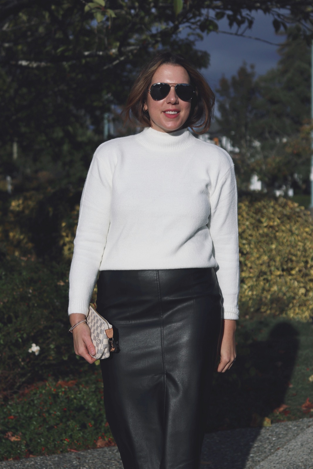 Le Chateau mock neck sweater and faux leather skirt outfit