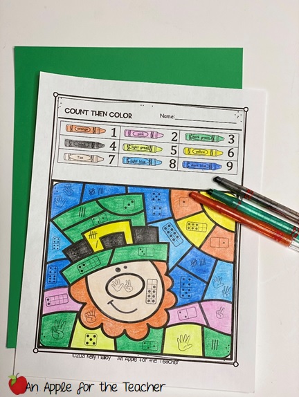 St. Patrick's Day Subitizing Color By Number leprechaun crayons colored