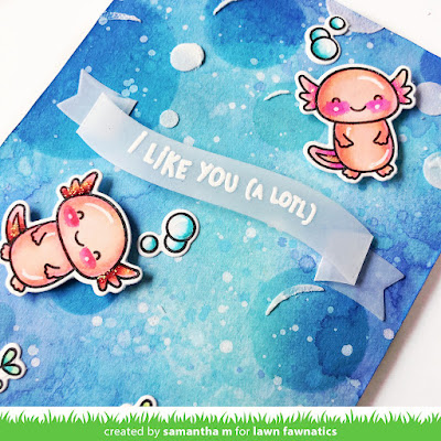 I Like You (A Lotl) Card by Samantha Mann for Lawn Fawnatics Challenge, Inspiration Photo, Atoxl, Watercolor, Distress Inks, stencil, Cards, Handmade Cards, Lawn Fawn, #lawnfawnatics, #lawnfawn, #distressinks #watercolor #cardmaking #handmadecards #axolotl