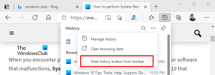 Botón Ocultar historial en la barra de herramientas en Microsoft Edge