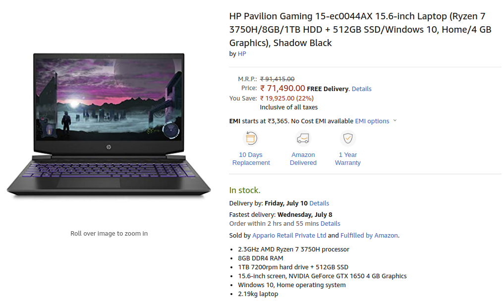 HP 15ec0044AX Laptop Price in India