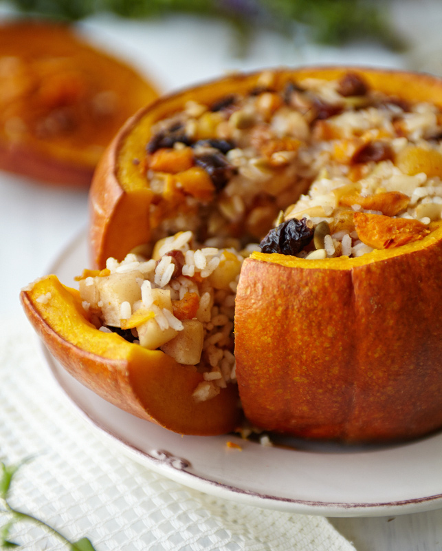 Cinnamon & Turmeric: Baked Pumpkin with Rice and Fruits Stuffing