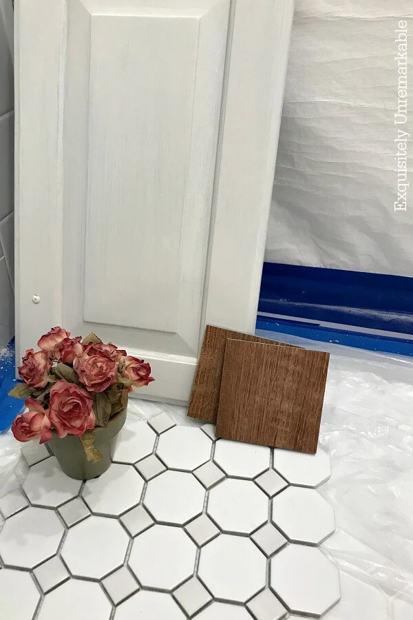 Bathroom Mood Board with tile, cabinet door and flower pot