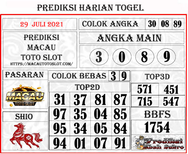 Prediksi Macau Toto Kamis 29 Juli 2021 Prediksi Mbah Sukro Bocoran Togel Hk Sydney Rumus Jitu