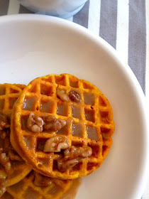 Pumpkin Waffles with Maple Walnut Cream Syrup:  With an easy to make batter these toasty and fluffy waffles, bursting with warm spices and pumpkin flavors, will be on your table in no time. - Make Ahead for Thanksgiving morning! - Slice of Southern