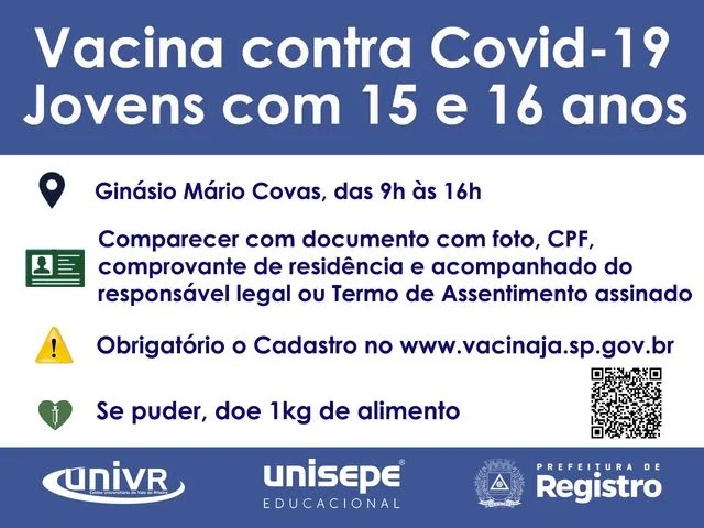 Vacina contra Covid-19 - jovens com 15 e 16 anos em Registro-SP