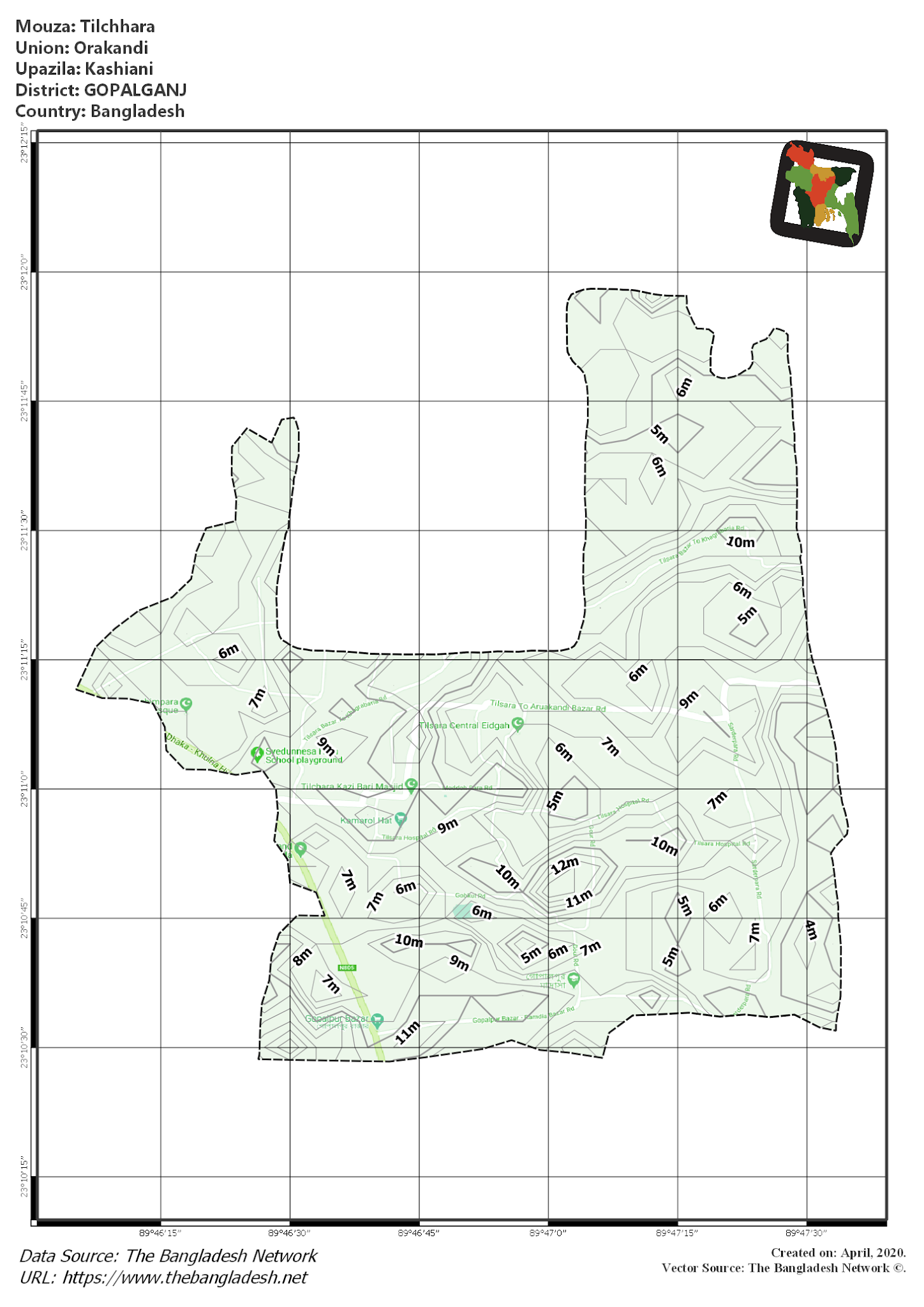 Map of Tilchhara Mouza of Kashiani Upazila, GOPALGANJ, Bangladesh.