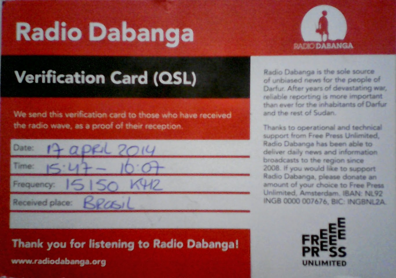 Rádio Dabanga(Via TalataVolondry 1,Madagascar) Shortwave Dxing Desde