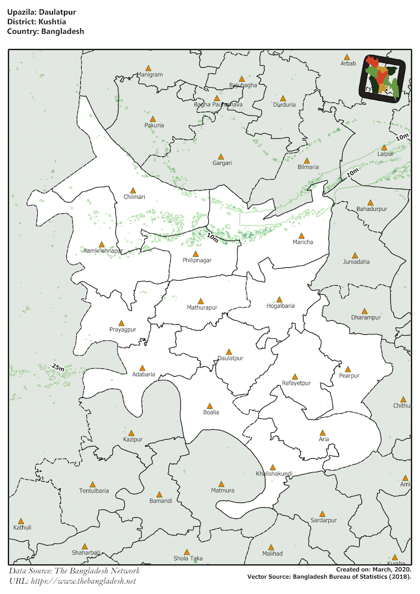 Daulatpur Upazila Elevation Map Kushtia District Bangladesh