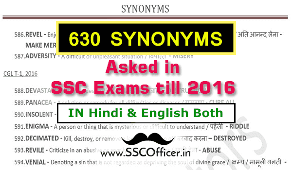 630 SYNONYMS Asked Previously in SSC Exams Till 2016, English Notes for SSC CGL, SSC CHSL and various SSC Exams [PDF]- SSC Officer