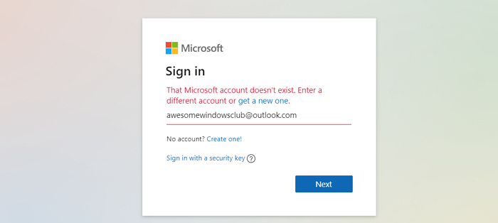 Le compte Microsoft n'existe pas