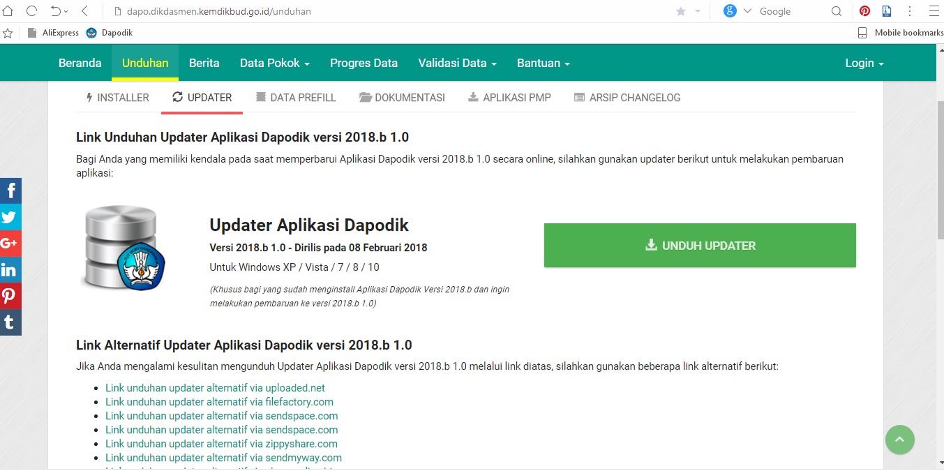 Berikut Link Alternatif Updater Aplikasi Dapodik versi 2018.b 1.0 bagi