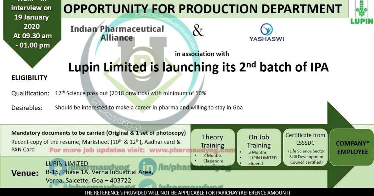 Lupin Walkin for Production on 19 Jan 2020 Pharma Jobs in Goa