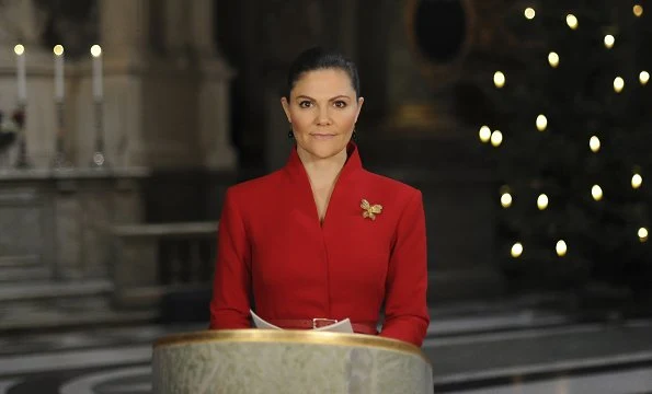 Crown Princess Victoria wore a bright red 1950s style peplum jacket from By Malina. Delpozo belted cotton peplum jacket. Tiger of Sweden coat