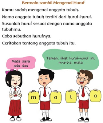 Bersama teman kelompok, siswa berlatih menyusun huruf-huruf penyusun nama bagian-bagian tubuh. Setelah disusun, dilafalkan huruf-huruf penyusunnya dan menceritakan tentang banyaknya anggota tubuh tersebut