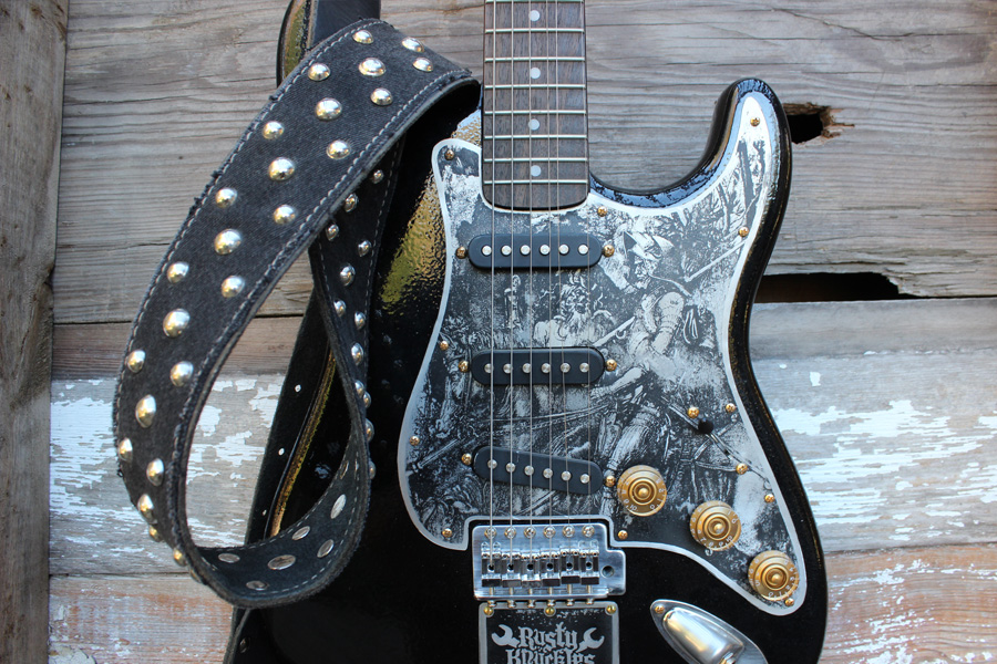 Custom Studded Denim & Leather Guitar Strap Rusty Knuckles Motors