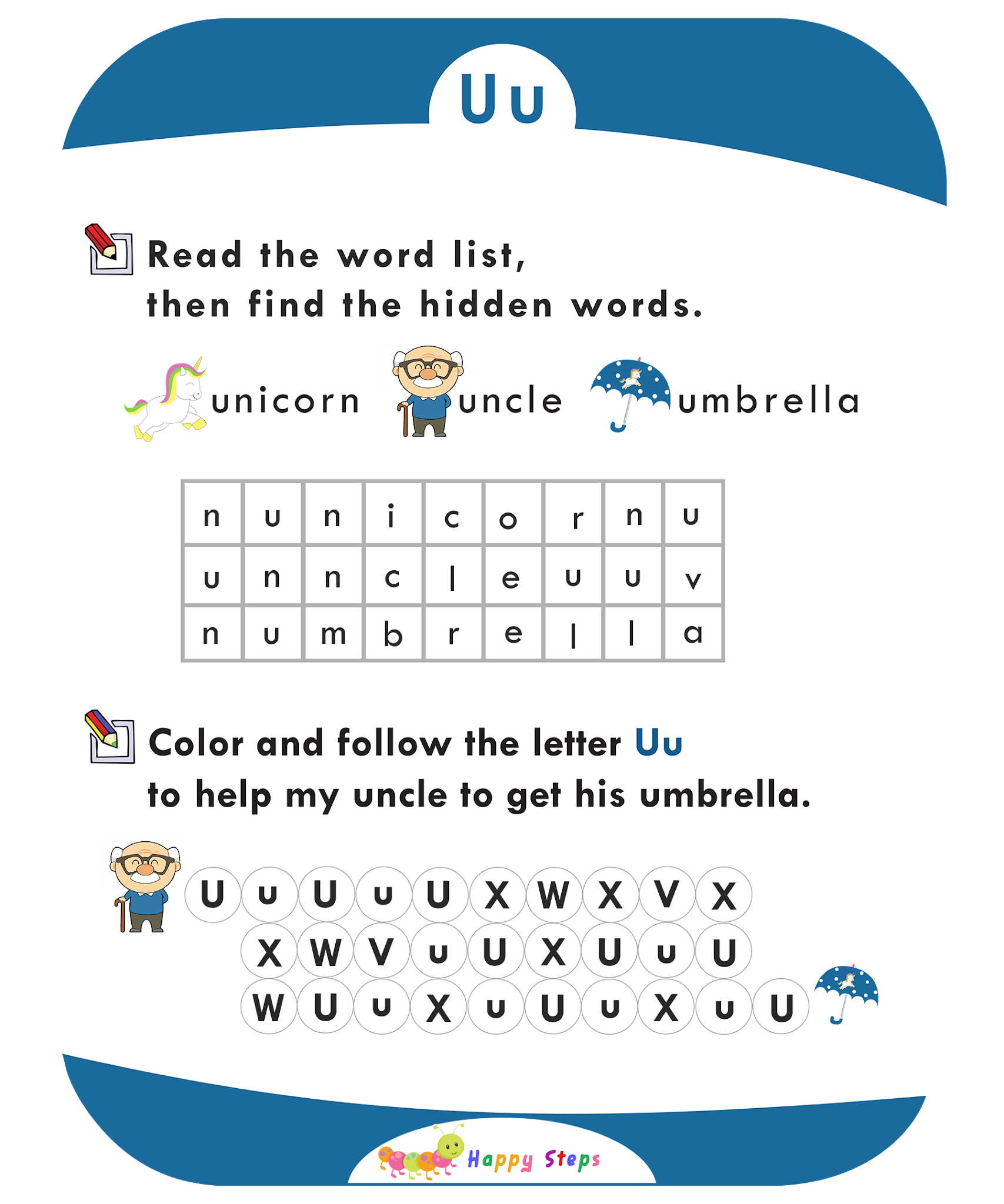 Activity Worksheet -3 Letter -U- for kids