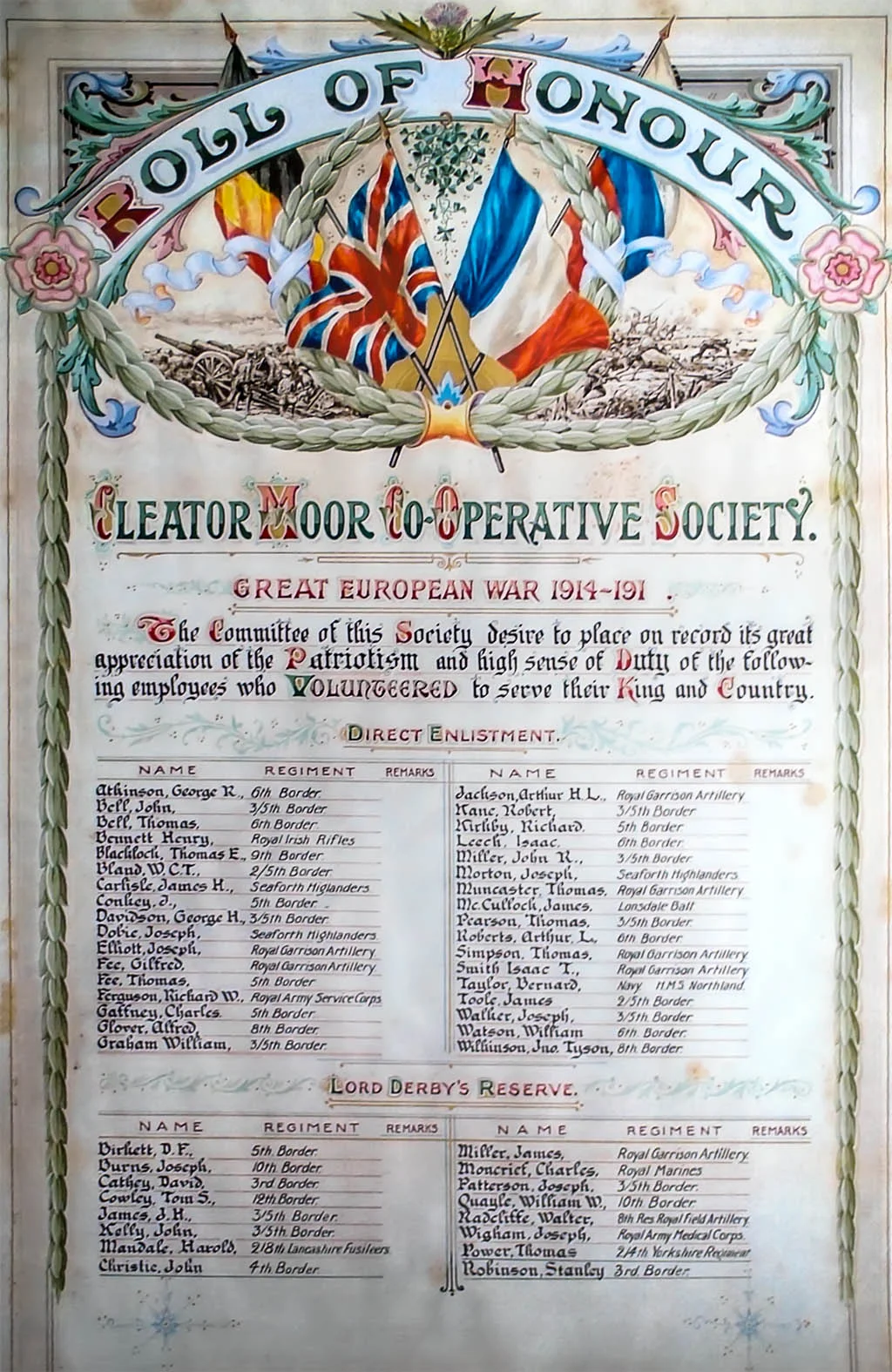 Cleator Moor Co-Operative Society, First World War, Roll Of Honour
