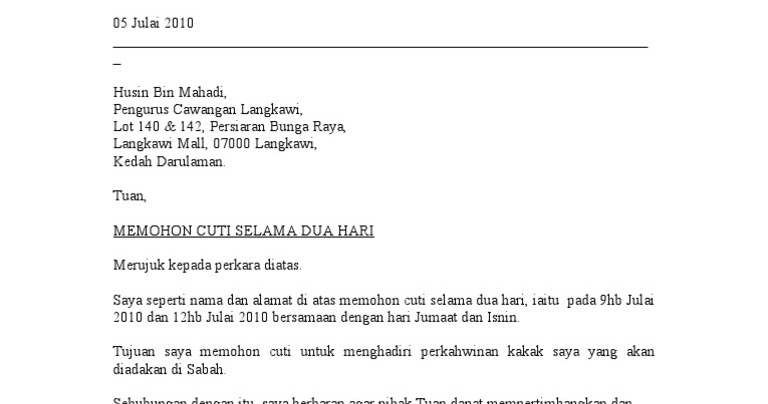 Surat Permohonan Cuti Kerja Balik Kampung Tengok - Letter Website