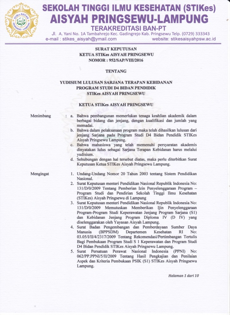 SURAT KEPUTUSAN Yudisium Prodi D4 Kebidanan tahun 2016
