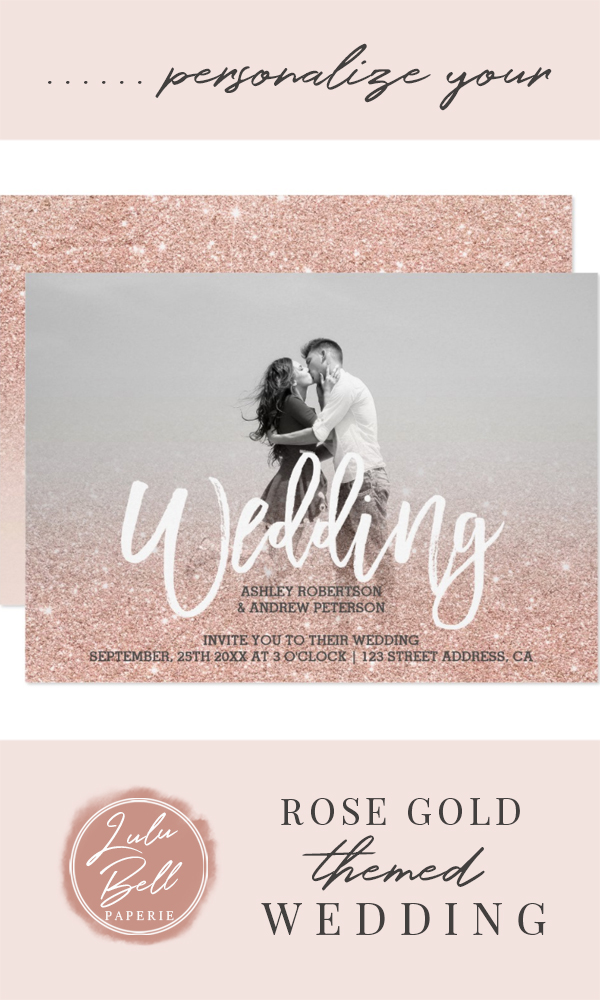 Rose Gold Glitter Look Pink Ombre Wedding Photo Invitations