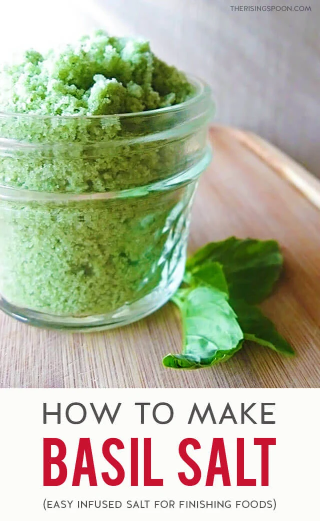 Learn how to make a simple herb-infused salt with fresh basil leaves. This is a handy way to preserve basil from your garden once you've already made plenty of pesto for freezing. Use this herb-flavored salt to season & finish foods that naturally pair well with basil or mix it into DIY personal care products like salt scrubs & bath salts! It also makes an excellent homemade gift for the foodies in your life.