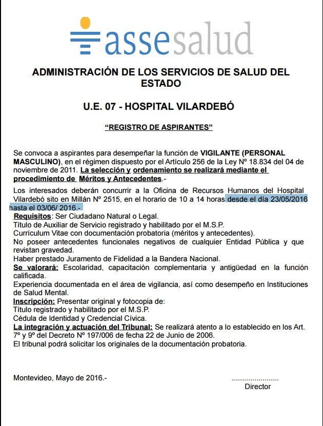 Llamado Asse Auxiliar de Servicio para Montevideo (Hospital Vilardebó