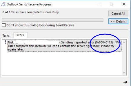 Correggi l'errore di Outlook 0x80040115