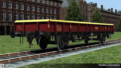 Fastline Simulation - ZCA Sea Urchin ex VDA [EWS]: A freshly repainted ZCA Sea Urchin in EWS livery. This wagon started out as a VDA van built as a part of lot 3855 which can be seen by the shorter brake handle. At the time of conversion to an open box wagon it gained a body with flush end braces.