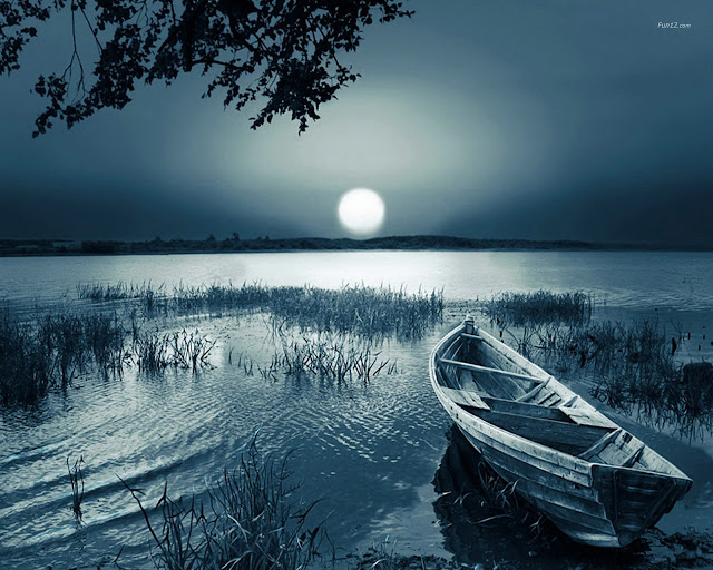 One Boat With Moon Night Scene,nice wood boat in the water and moon are very shinning
