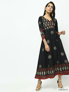 Women's Cotton Block Printed Calf Length Anarkali Kurti