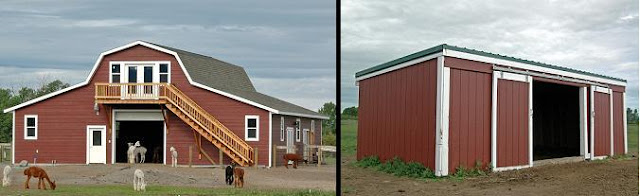 An image of two different sizes and kinds of Alpaca barns.
