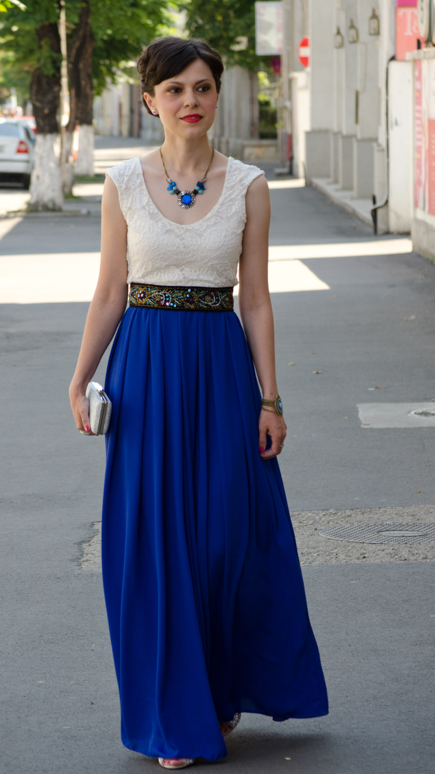 maxi dress cobalt blue white lace statement necklace blue topper hat wedding attire handmade waistband