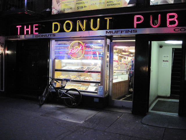 Night and day the Donut Pub serves all New York city diners.