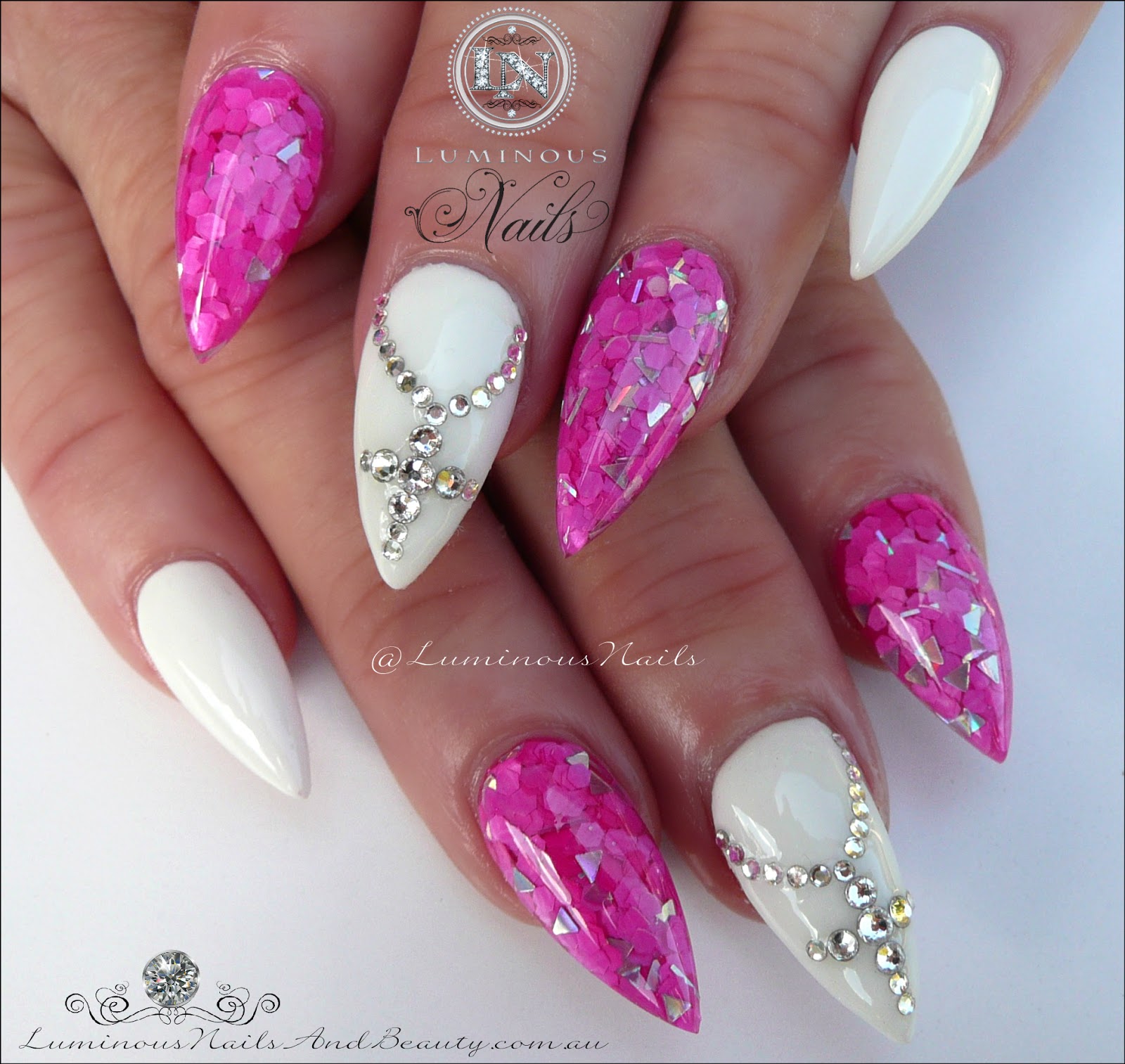 Luminous Nails: Hot Pink & White Acrylic Nails with Swarovski Crystal  Crosses...