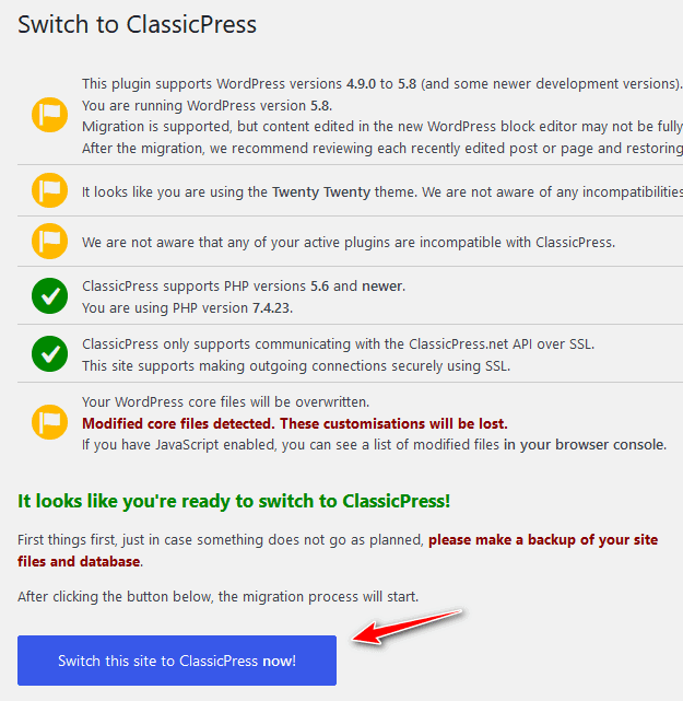 ClassicPress migration start up screen