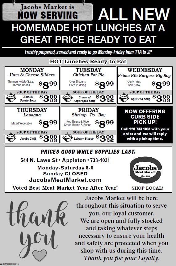 HOT Lunch Menu 5/45/8/2020 Jacobs Meat Market