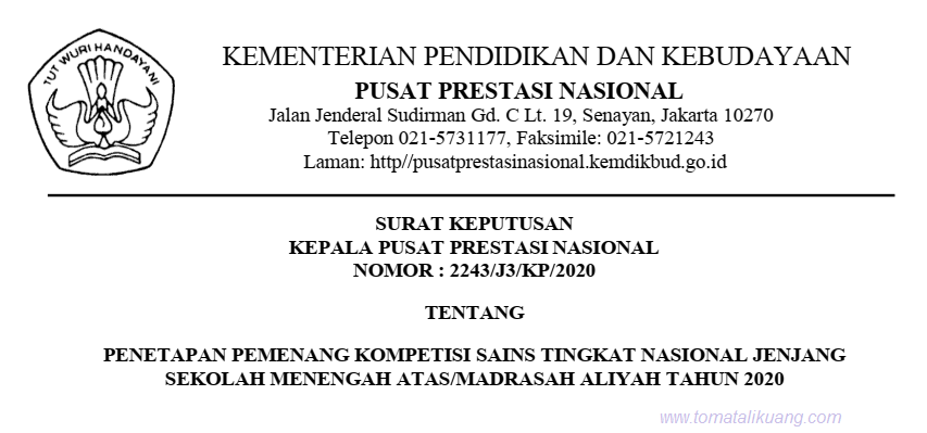 Download SK Pemenang / Peraih Medali KSN SMA Tahun 2020 PDF
