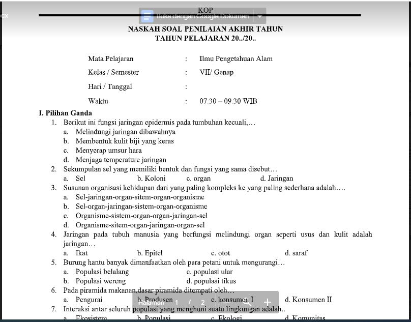 Soal dan Kunci Jawaban PAT Ilmu Pengetahuan Alam Kelas 7 Kurikulum 2013