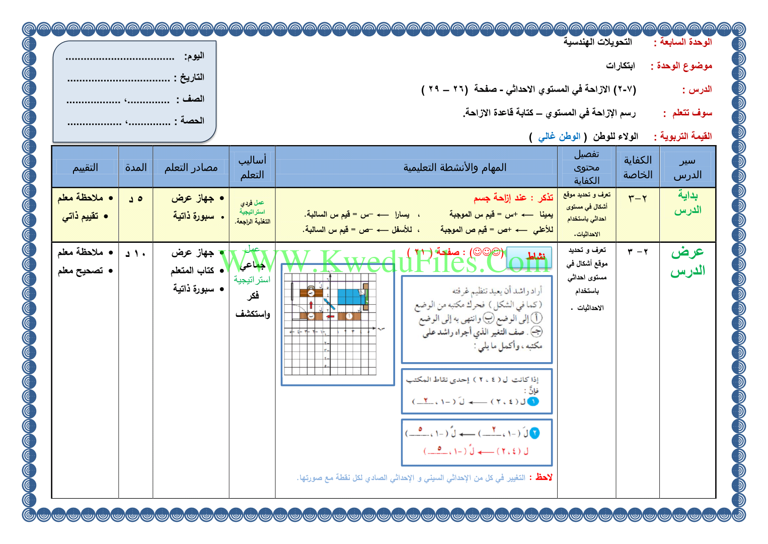 تحضير درس الازاحة في مستوى الاحداثيات الصف الثامن رياضيات الفصل الثاني ملفات الكويت التعليمية