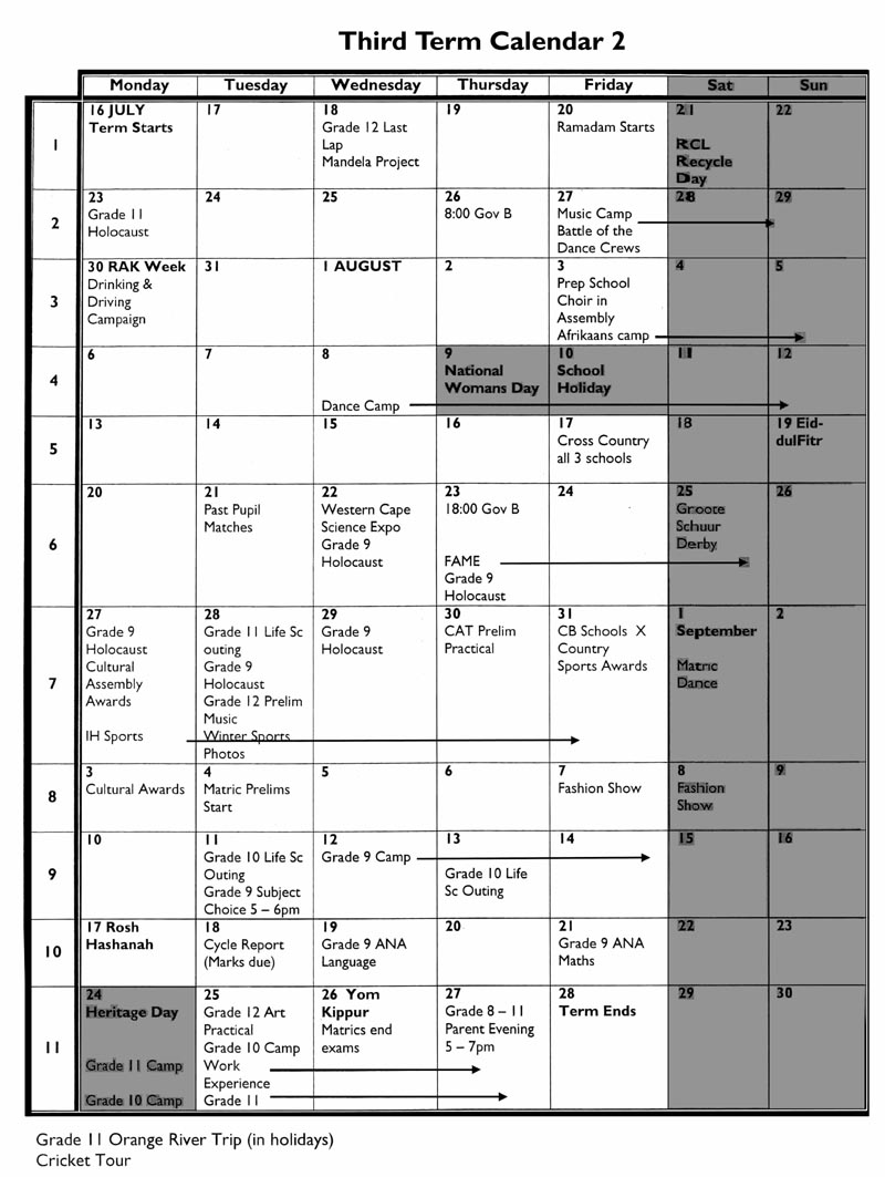Camps Bay High School CBHS Events Calendar 3rd Term 12
