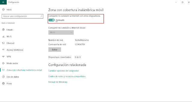 compartir tu conexión a internet sin programas en Windows 10