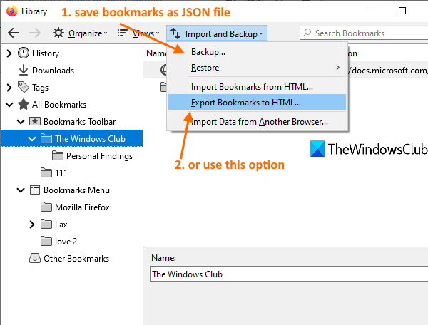 インポートおよびバックアップメニューを使用して、Firefoxブックマークをエクスポートします