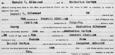 Michigan Department of Community Health, Division for Vital Records and Health Statistics, "Michigan, Marriage Records, 1867-1952," database, Ancestry.com (www.ancestry.com : accessed 6 Jan 2019), entry for Harold W Ellswood and Catherine Martyn, married 17 Nov 1934; citing Michigan Department of Community Health, Division of Vital Records and Health Statistics; Lansing, MI, USA; Michigan, Marriage Records, 1867-1952; Film: 271; Film Description: Wayne (Dates TBD); County File Number 447360; State File number 133576. 