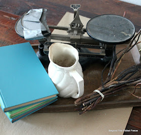 DIY, thrift store finds, old books, twigs, white pitcher, http://bec4-beyondthepicketfence.blogspot.com/2016/01/how-to-make-centerpiece.html